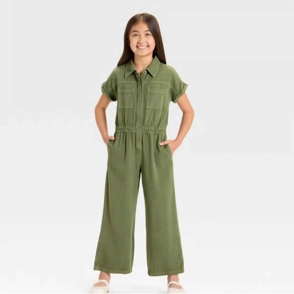 NWT Cat & Jack Girls Short Sleeve Jumpsuit- Dark Olive (M) - Picture 3 of 9